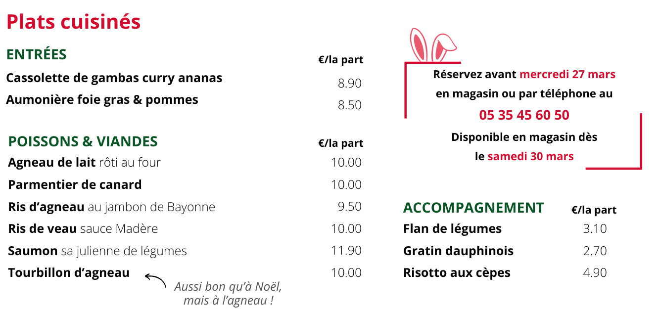 plats cuisinés de la Ferme Elizaldia pour Pâques 2024